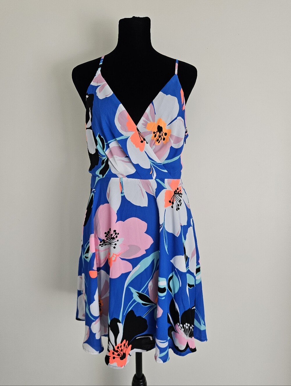 Express Bright Blue Floral V-Neck Mini Dress